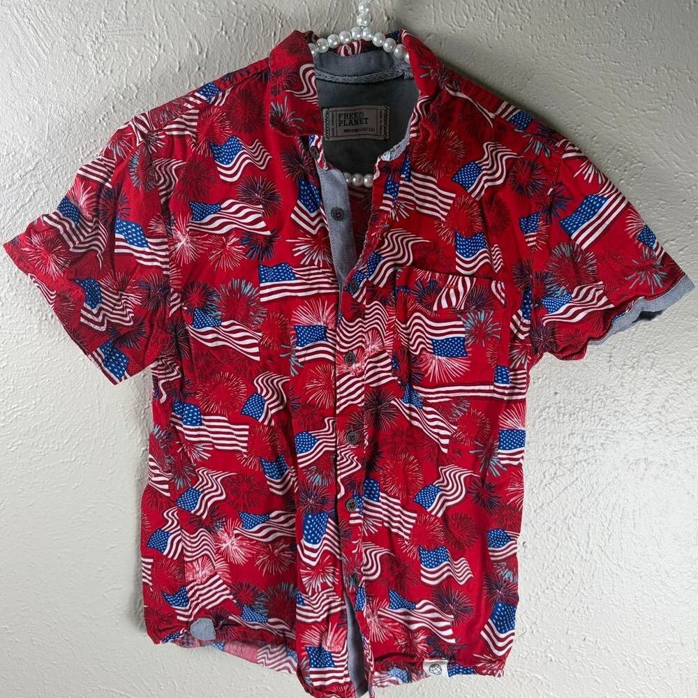 Free Planet Button Up Shirt Kids Size 10/12 America 4th of July Patriotic Top